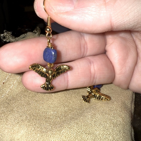 Lapis gold tone bird 2” drop earrings - Picture 2 of 3